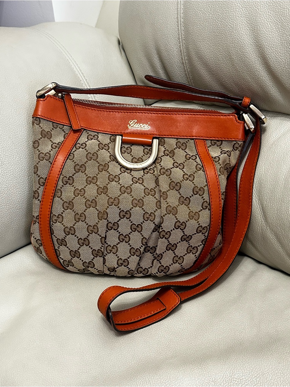 Gucci Brown GG Canvas & Orange Leather Shoulder Bag